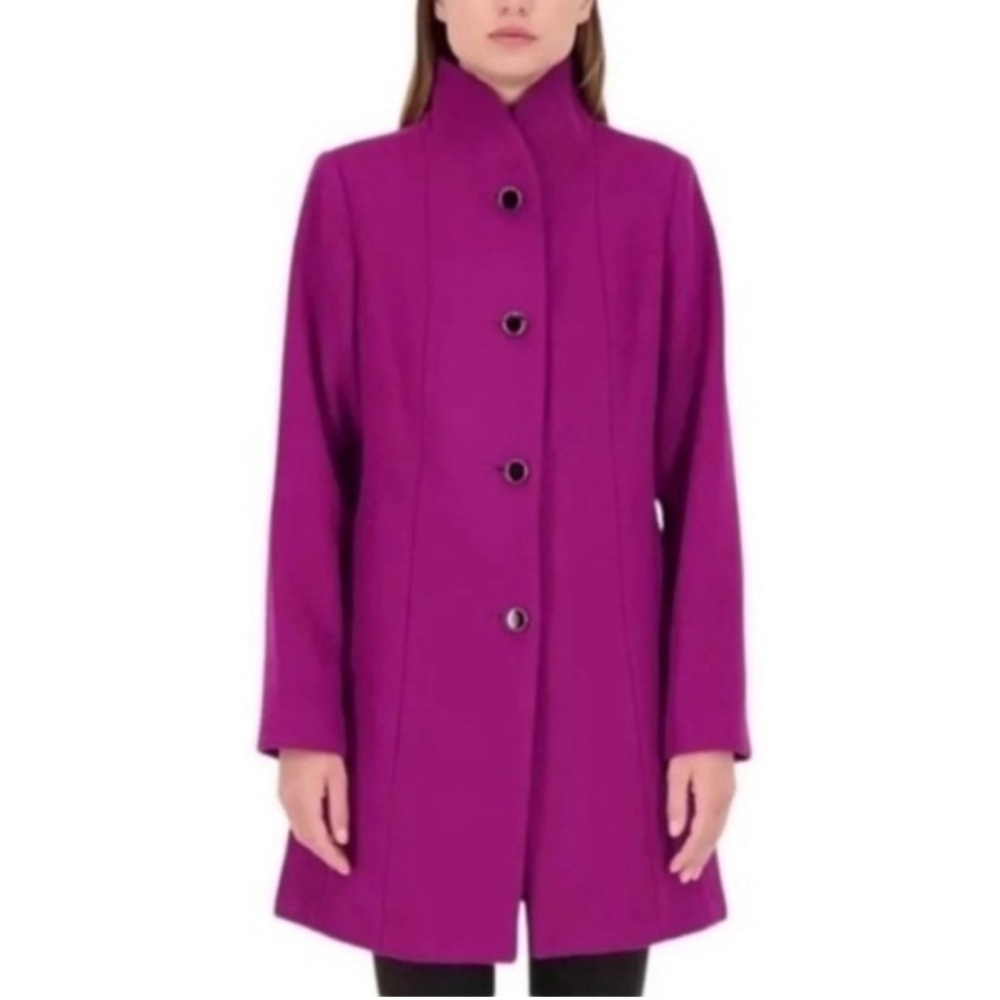 Kate Spade Magenta Stand Collar Long Purple coat black buttons, lined, pockets